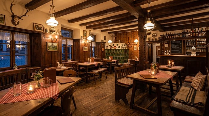 Gaststube mit Holztischen im Gasthof Lindenwirt