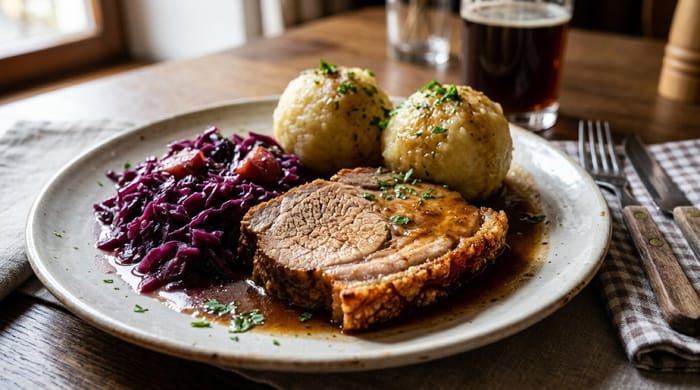 Schweinsbraten mit Kartoffelknödel und Blaukraut